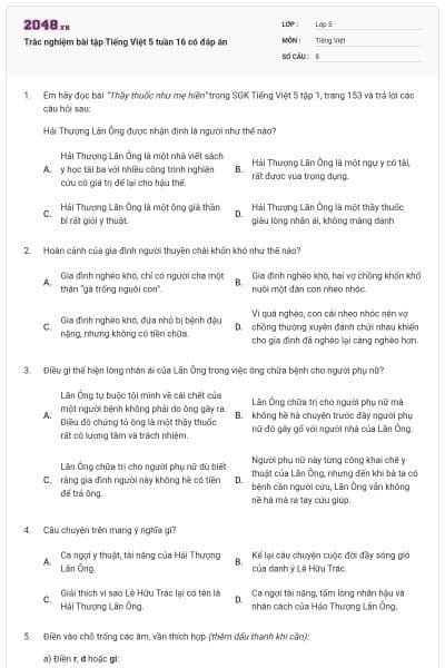 Trắc nghiệm bài tập Tiếng Việt 5 tuần 16 có đáp án