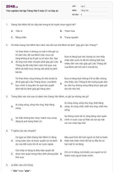 Trắc nghiệm bài tập Tiếng Việt 5 tuần 21 có đáp án