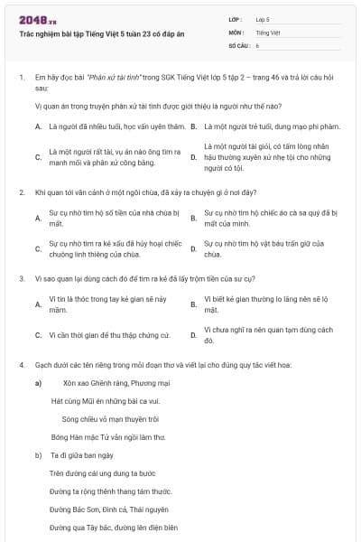 Trắc nghiệm bài tập Tiếng Việt 5 tuần 23 có đáp án