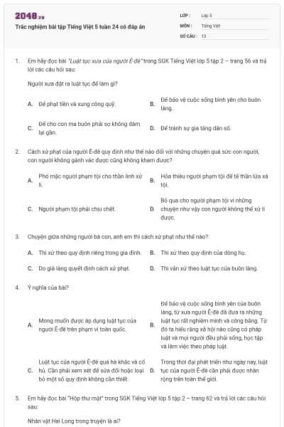 Trắc nghiệm bài tập Tiếng Việt 5 tuần 24 có đáp án