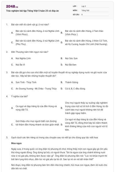 Trắc nghiệm bài tập Tiếng Việt 5 tuần 25 có đáp án