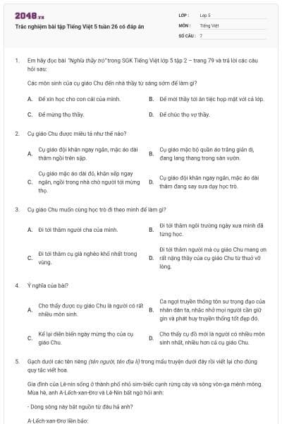 Trắc nghiệm bài tập Tiếng Việt 5 tuần 26 có đáp án