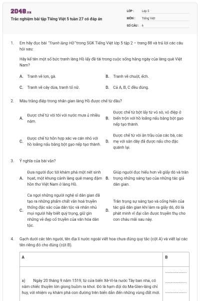 Trắc nghiệm bài tập Tiếng Việt 5 tuần 27 có đáp án