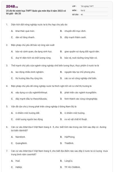 25 đề thi minh họa THPT Quốc gia môn Địa lí năm 2022 có lời giải - Đề 20