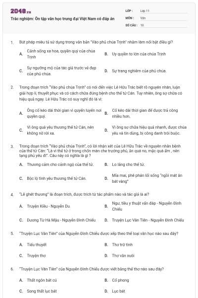 Trắc nghiệm: Ôn tập văn học trung đại Việt Nam có đáp án