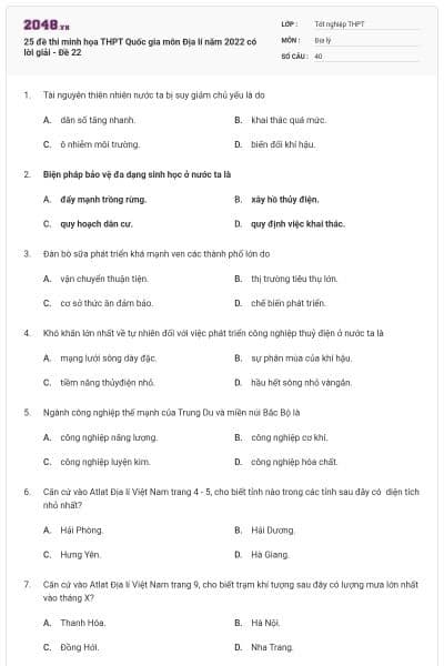25 đề thi minh họa THPT Quốc gia môn Địa lí năm 2022 có lời giải - Đề 22