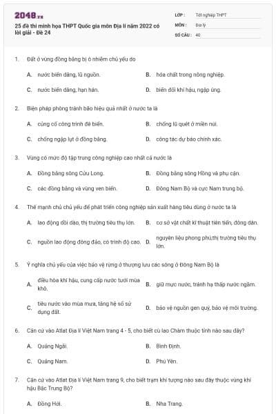 25 đề thi minh họa THPT Quốc gia môn Địa lí năm 2022 có lời giải - Đề 24