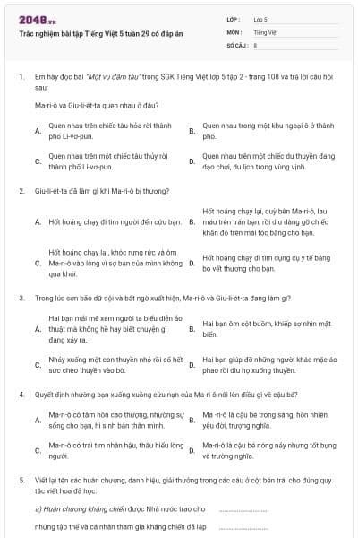 Trắc nghiệm bài tập Tiếng Việt 5 tuần 29 có đáp án