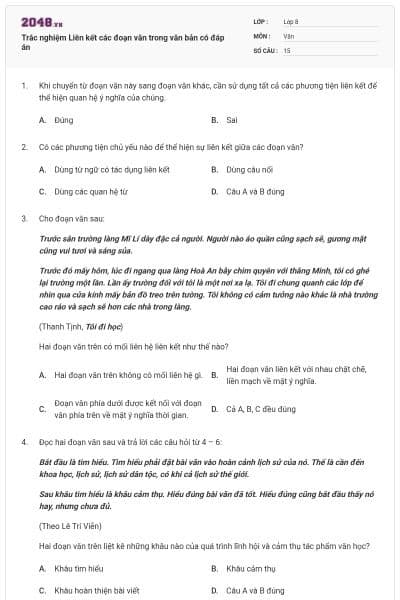Trắc nghiệm Liên kết các đoạn văn trong văn bản có đáp án