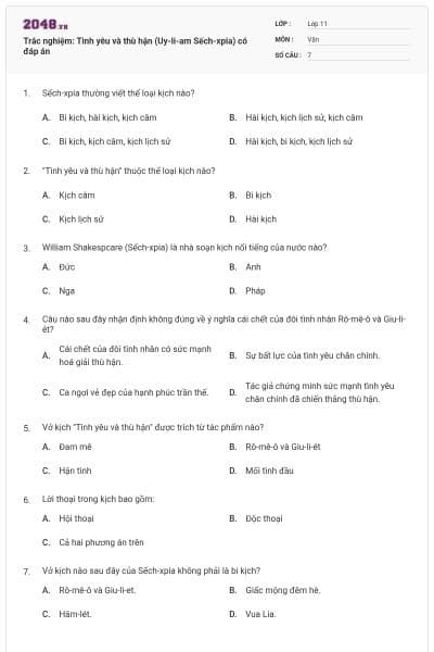 Trắc nghiệm: Tình yêu và thù hận (Uy-li-am Sếch-xpia) có đáp án