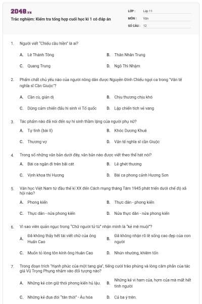 Trắc nghiệm: Kiểm tra tổng hợp cuối học kì 1 có đáp án
