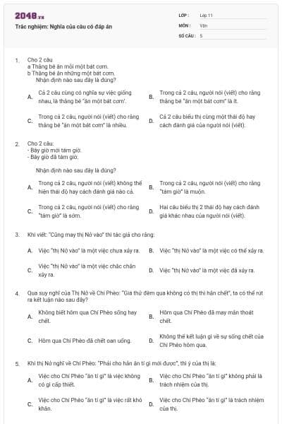 Trắc nghiệm: Nghĩa của câu có đáp án