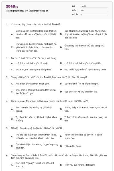Trắc nghiệm: Hầu trời (Tản Đà) có đáp án