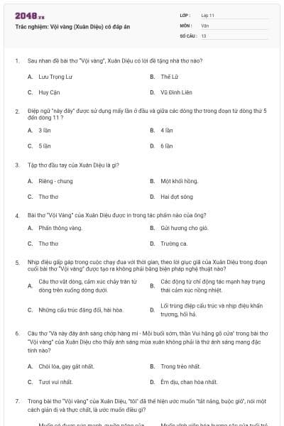 Trắc nghiệm: Vội vàng (Xuân Diệu) có đáp án