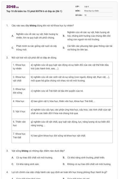 Top 10 đề kiểm tra 15 phút KHTN 6 có đáp án (Đề 1)