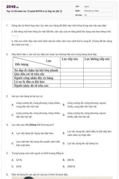 Top 10 đề kiểm tra 15 phút KHTN 6 có đáp án (Đề 2)
