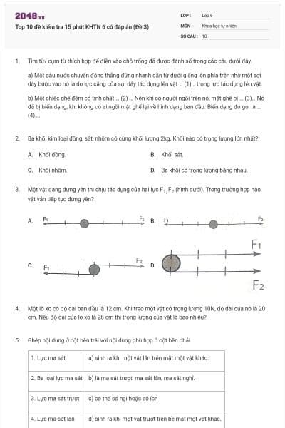 Top 10 đề kiểm tra 15 phút KHTN 6 có đáp án (Đề 3)