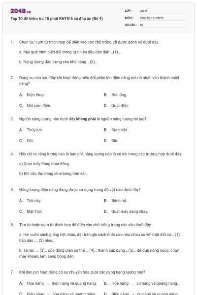 Top 10 đề kiểm tra 15 phút KHTN 6 có đáp án (Đề 4)