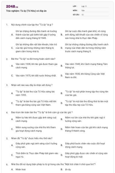 Trắc nghiệm: Từ ấy (Tố Hữu) có đáp án