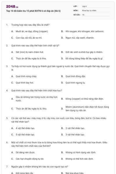 Top 10 đề kiểm tra 15 phút KHTN 6 có đáp án (Đề 6)