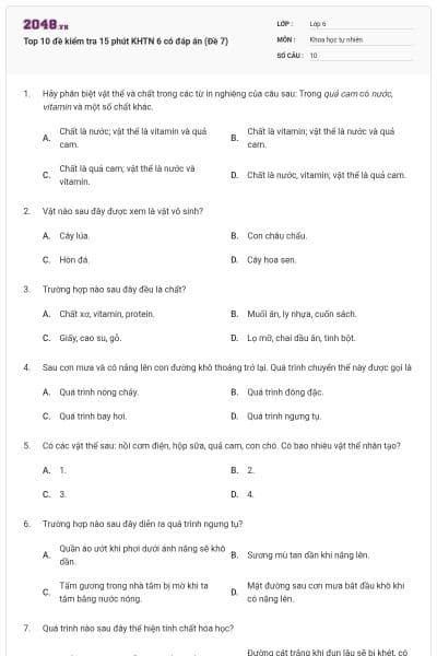 Top 10 đề kiểm tra 15 phút KHTN 6 có đáp án (Đề 7)
