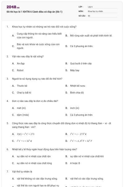 Đề thi học kì 1 KHTN 6 Cánh diều có đáp án (Đề 1)
