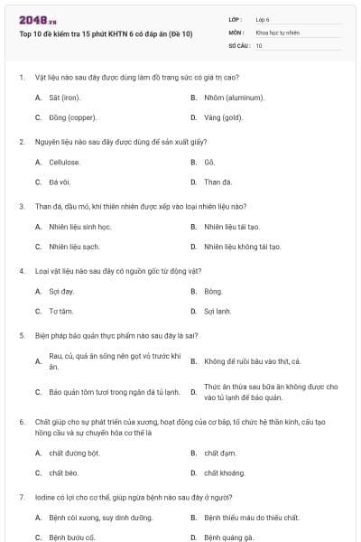 Top 10 đề kiểm tra 15 phút KHTN 6 có đáp án (Đề 10)