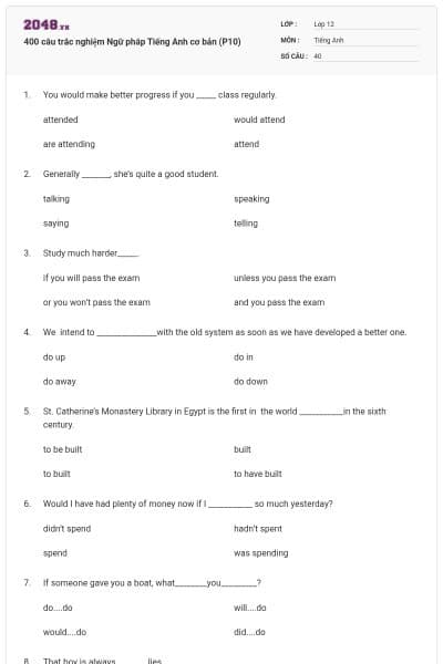 400 câu trắc nghiệm Ngữ pháp Tiếng Anh cơ bản (P10)