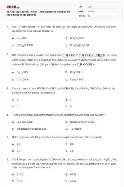 187 Bài tập Andehit - Xeton - Axit cacboxylic trong đề thi thử đại học có lời giải (P3)