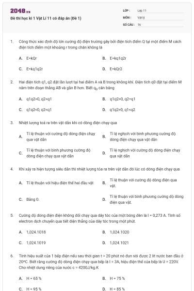 Đề thi học kì 1 Vật Lí 11 có đáp án (Đề 1)