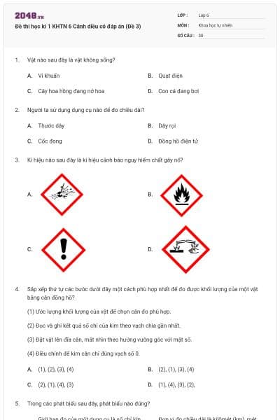 Đề thi học kì 1 KHTN 6 Cánh diều có đáp án (Đề 3)