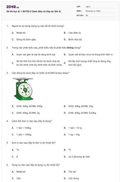 Đề thi học kì 1 KHTN 6 Cánh diều có đáp án (Đề 4)