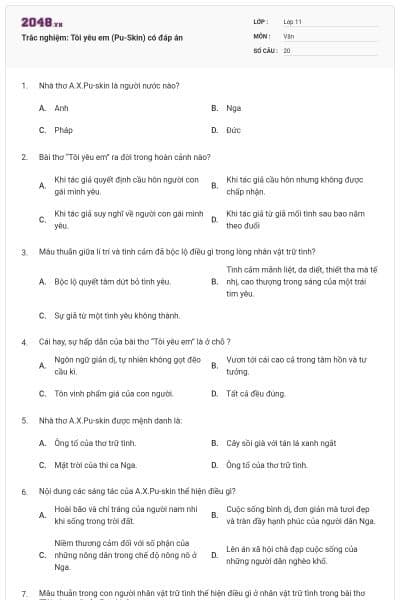 Trắc nghiệm: Tôi yêu em (Pu-Skin) có đáp án