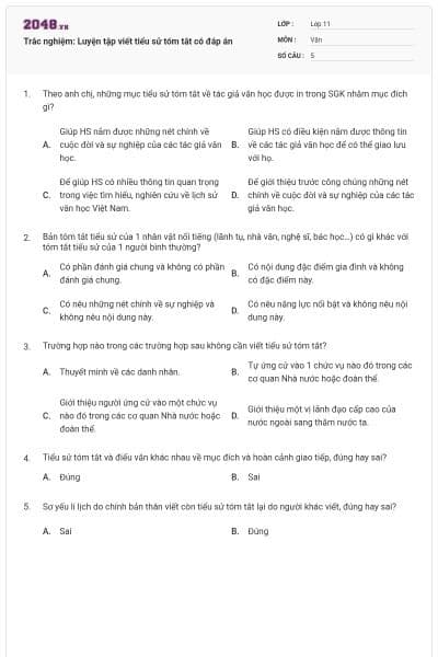 Trắc nghiệm: Luyện tập viết tiểu sử tóm tắt có đáp án