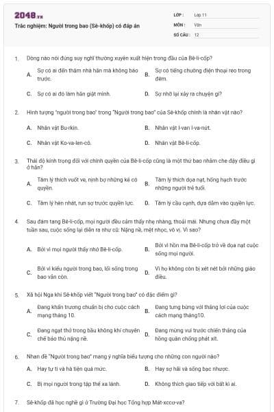 Trắc nghiệm: Người trong bao (Sê-khốp) có đáp án