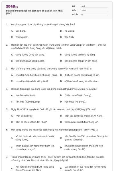 Đề kiểm tra giữa học kì II Lịch sử 9 có đáp án (Mới nhất) (Đề 3)