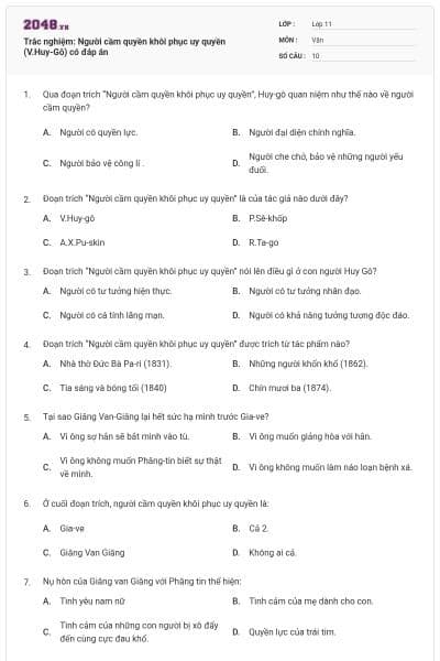 Trắc nghiệm: Người cầm quyền khôi phục uy quyền (V.Huy-Gô) có đáp án