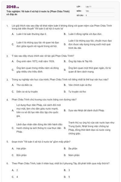 Trắc nghiệm: Về luân lí xã hội ở nước ta (Phan Châu Trinh) có đáp án