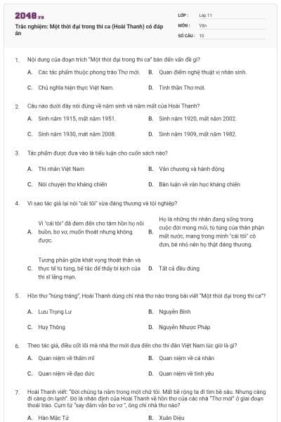 Trắc nghiệm: Một thời đại trong thi ca (Hoài Thanh) có đáp án