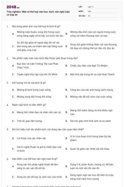 Trắc nghiệm: Một số thể loại văn học: kịch, văn nghị luận có đáp án