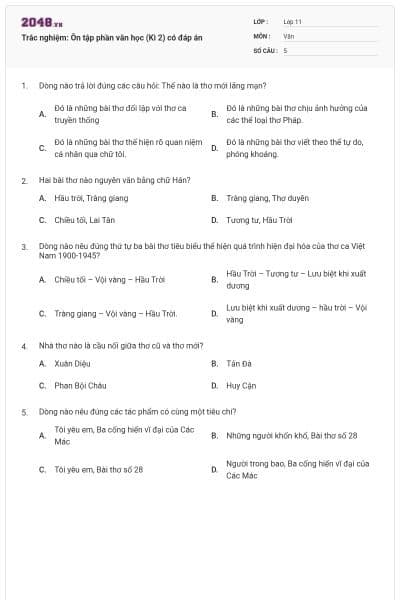 Trắc nghiệm: Ôn tập phần văn học (Kì 2) có đáp án