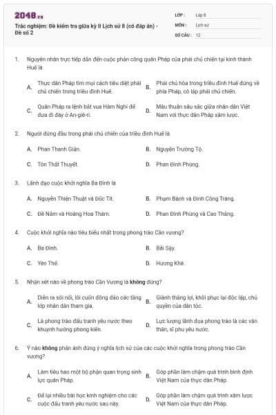 Trắc nghiệm: Đề kiểm tra giữa kỳ II Lịch sử 8 (có đáp án) - Đề số 2