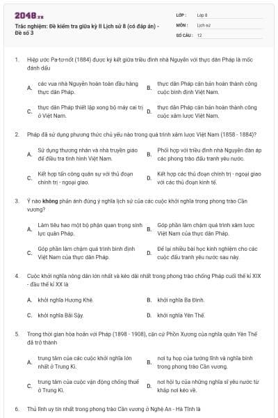 Trắc nghiệm: Đề kiểm tra giữa kỳ II Lịch sử 8 (có đáp án) - Đề số 3