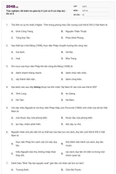 Trắc nghiệm: Đề kiểm tra giữa kỳ II Lịch sử 8 (có đáp án) - Đề số 6