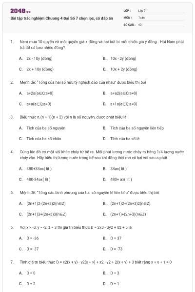 Bài tập trắc nghiệm Chương 4 Đại Số 7 chọn lọc, có đáp án