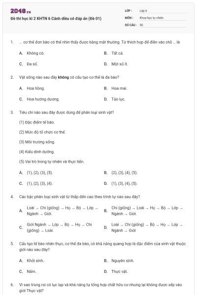 Đề thi học kì 2 KHTN 6 Cánh diều có đáp án (Đề 01)