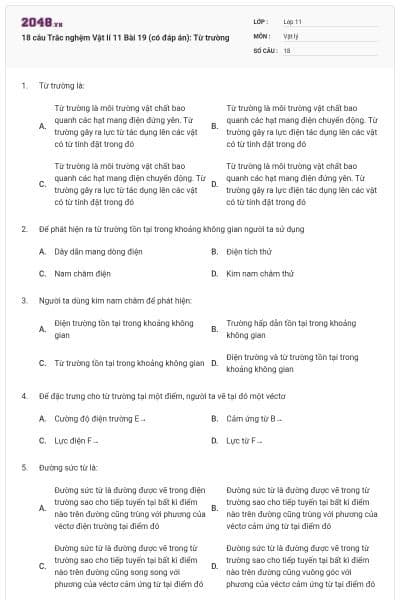 18 câu Trắc nghệm Vật lí 11 Bài 19 (có đáp án): Từ trường