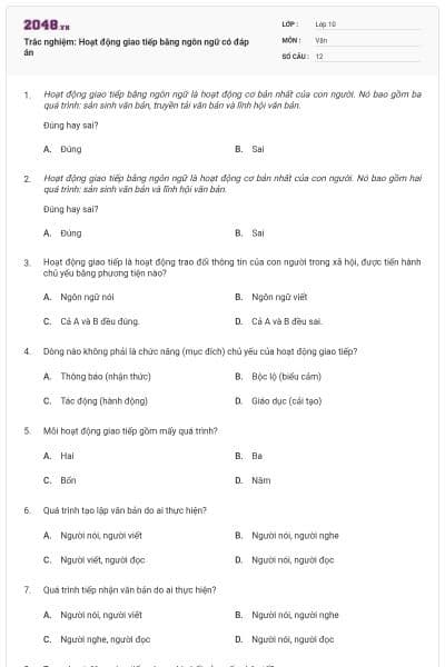 Trắc nghiệm: Hoạt động giao tiếp bằng ngôn ngữ có đáp án