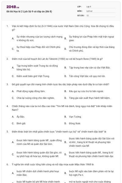 Đề thi Học kì 2 Lịch Sử 9 có đáp án (Đề 8)