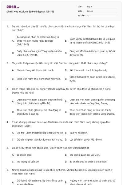 Đề thi Học kì 2 Lịch Sử 9 có đáp án (Đề 10)